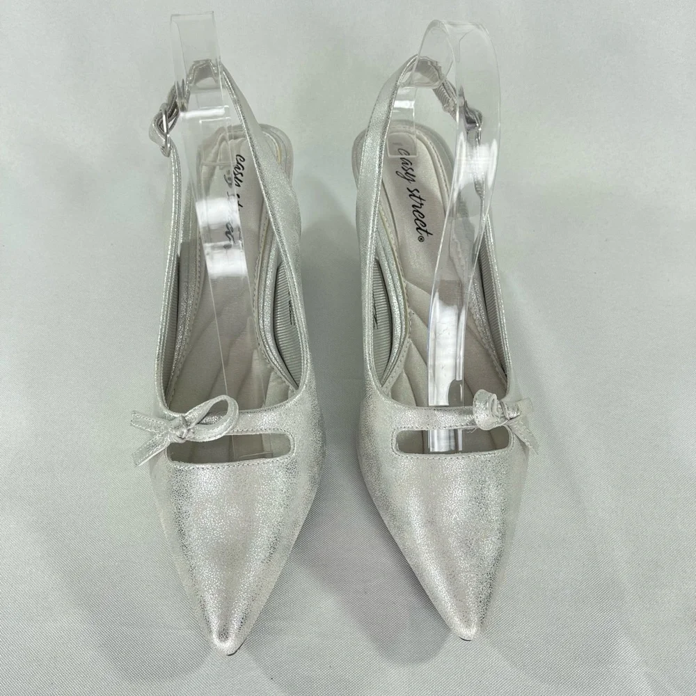 Easy Street Womens Emerin Sling Back Kitten Heel Pump. Color Silver. Siz…